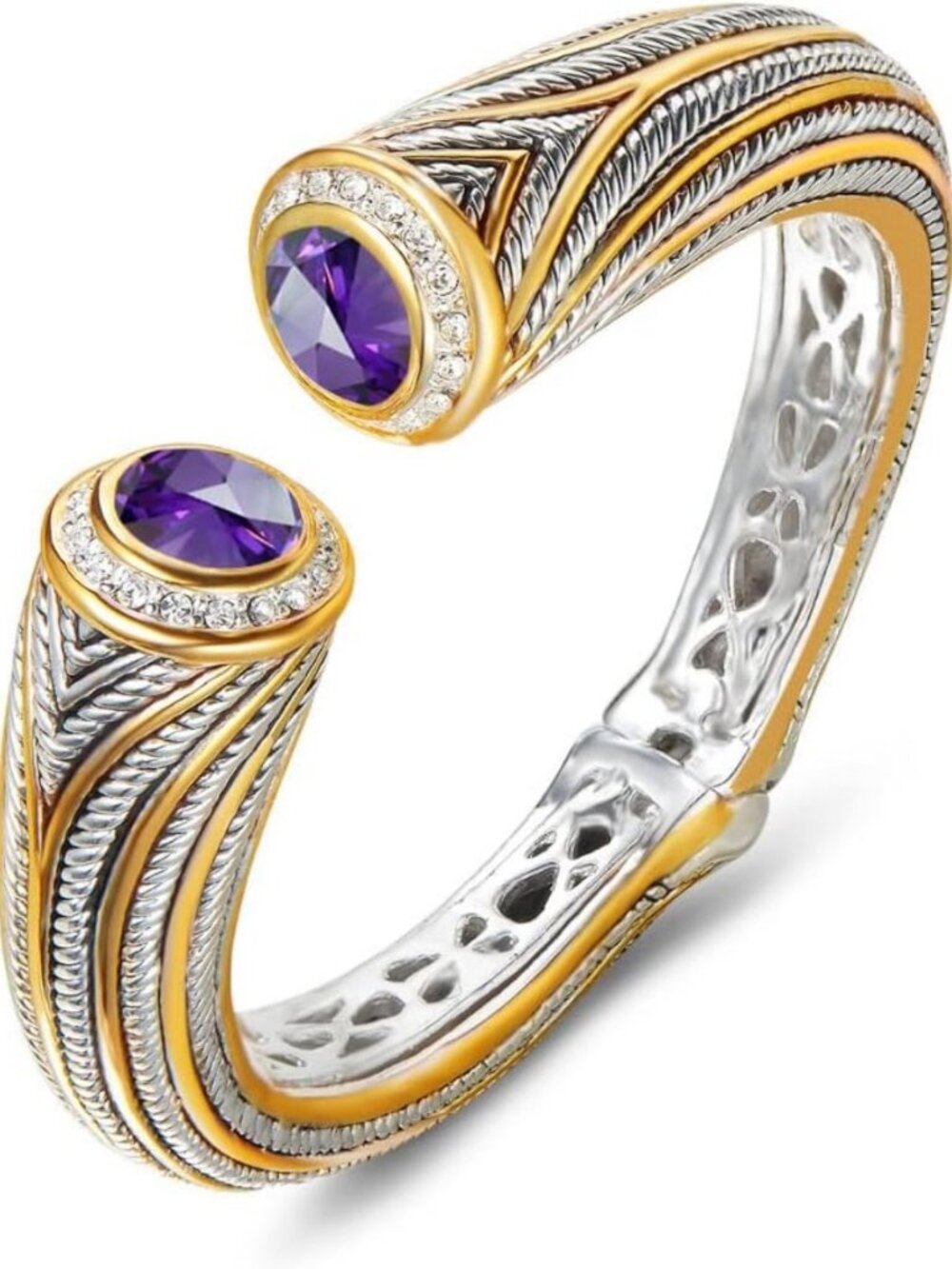 Elegant Vintage Two-Tone Multi-Strand CZ Cuff Bangle - Unique Antique Design